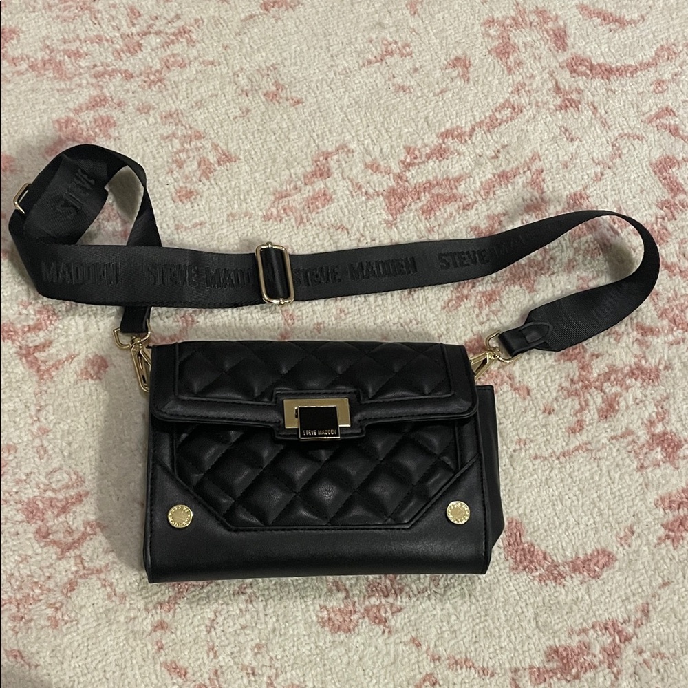 Steve Madden Quilted Black Crossbody Bag with Gold Accents